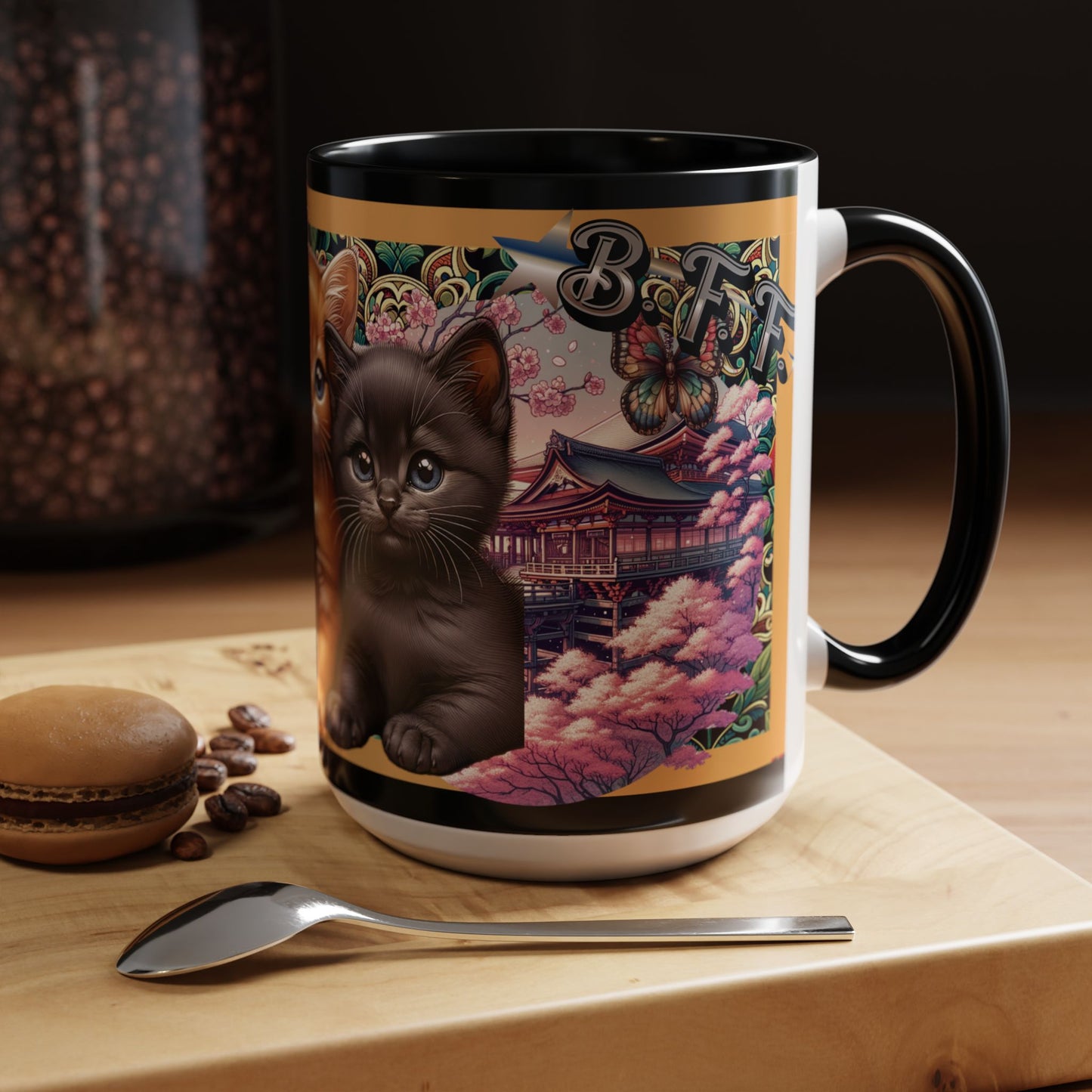 Mug - 3 B F F kittens and Butterflies Coffee Mug with Cherry Blossoms