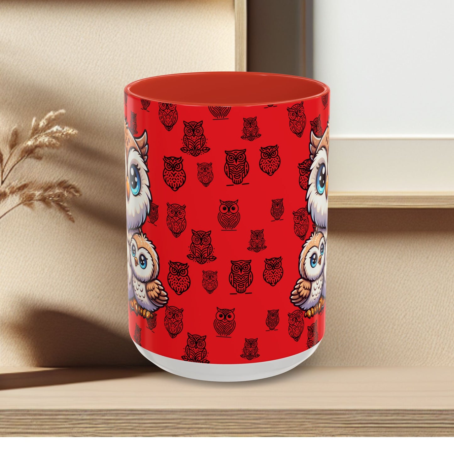 Red Coffee Mug - Owl Family - Colorful Inspirational Owl Design