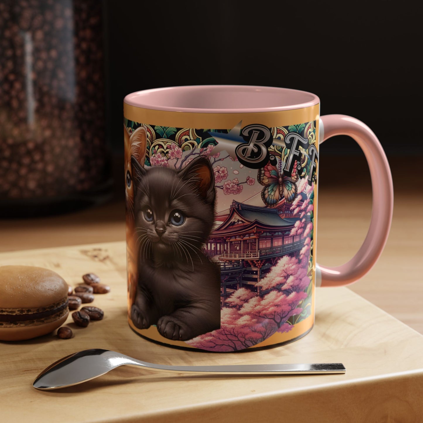 Mug - 3 B F F kittens and Butterflies Coffee Mug with Cherry Blossoms