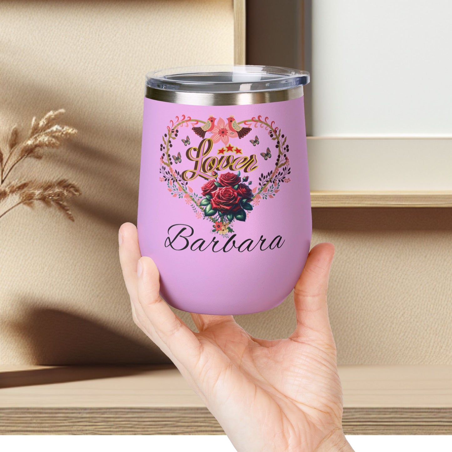 Personalized Lover's Floral Heart Wine Tumbler, 12oz