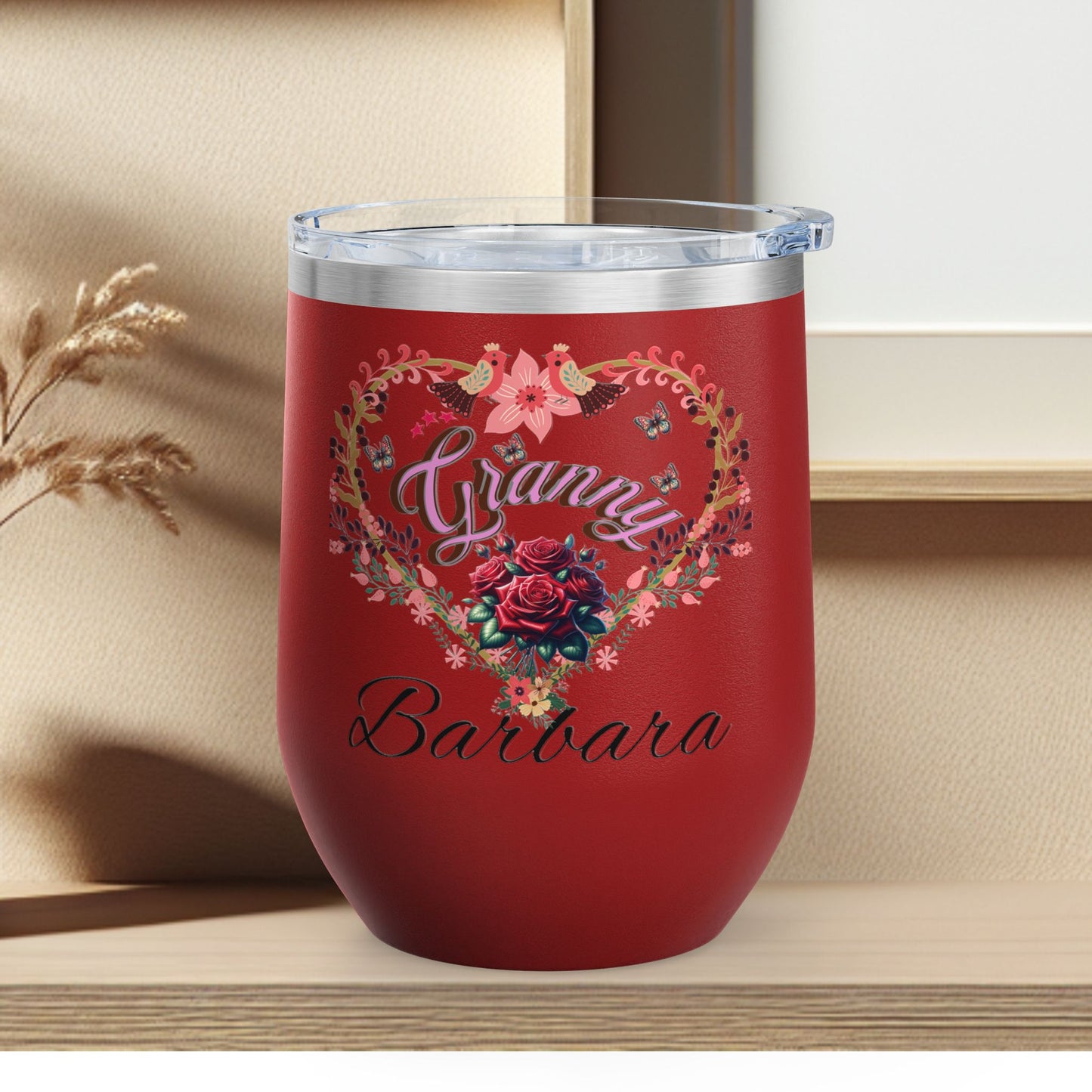 Personalized Grannie’s Wine Tumbler - 12oz Floral Heart Design