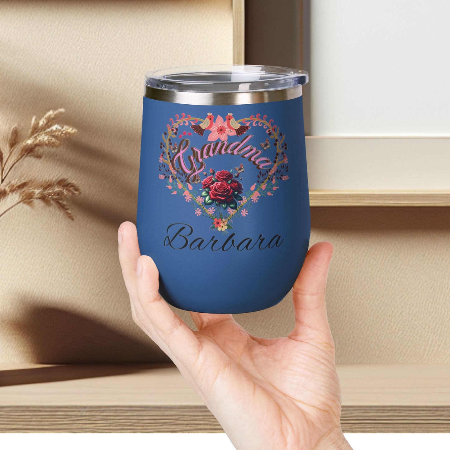 Personalized Grandma’s Wine Tumbler - 12oz Floral Heart Design
