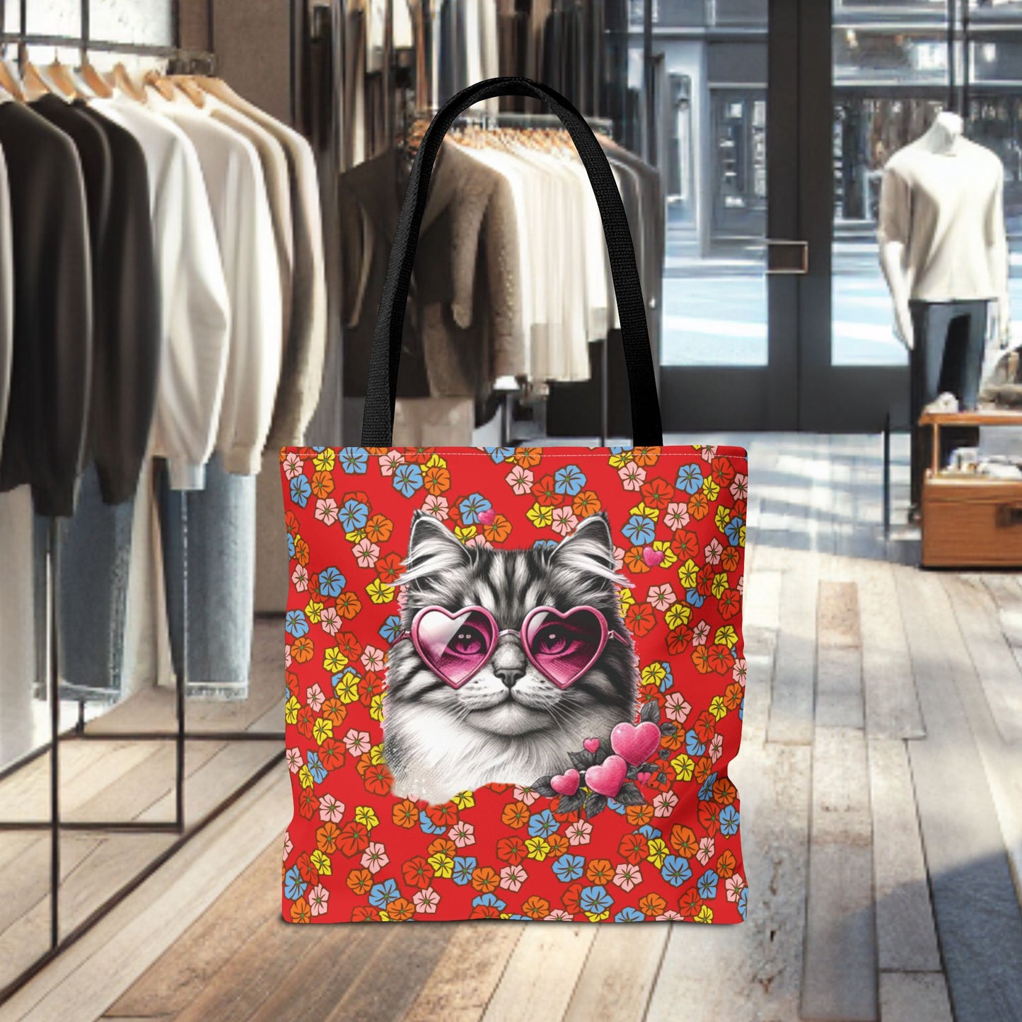 Kitty Ride Tote Bag with Flowered Red Design