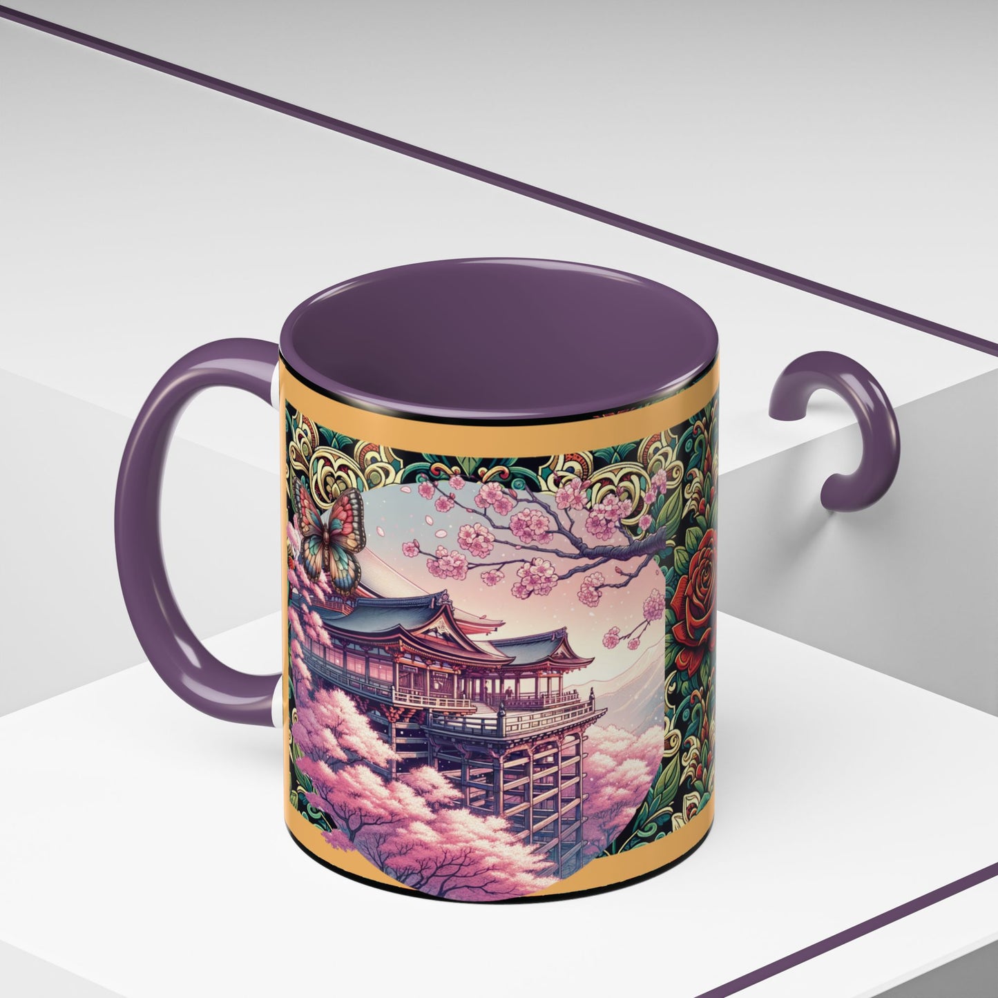 Mug - Sakura Butterfly Coffee Mug with Cherry Blossoms and a Rose