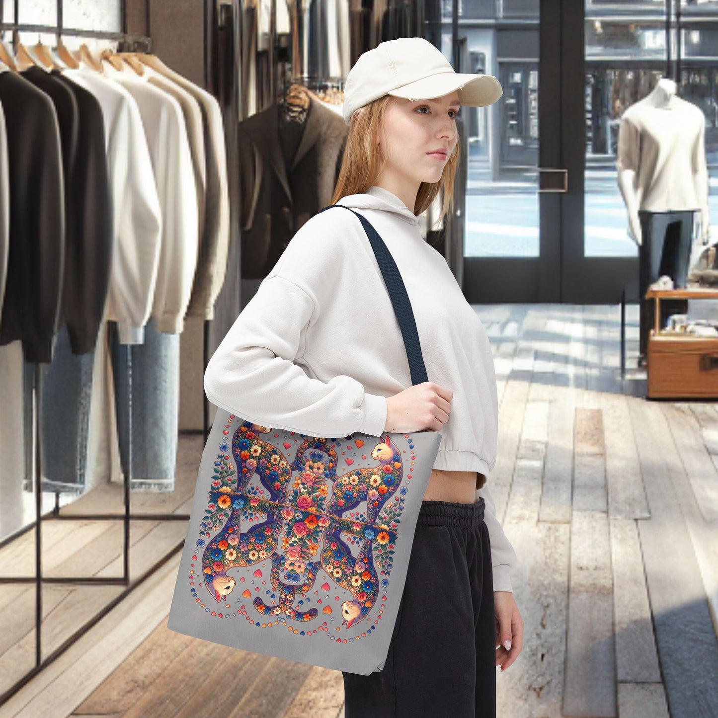 Mosaic Loving Cat Light Gray Tote Bag (AOP)