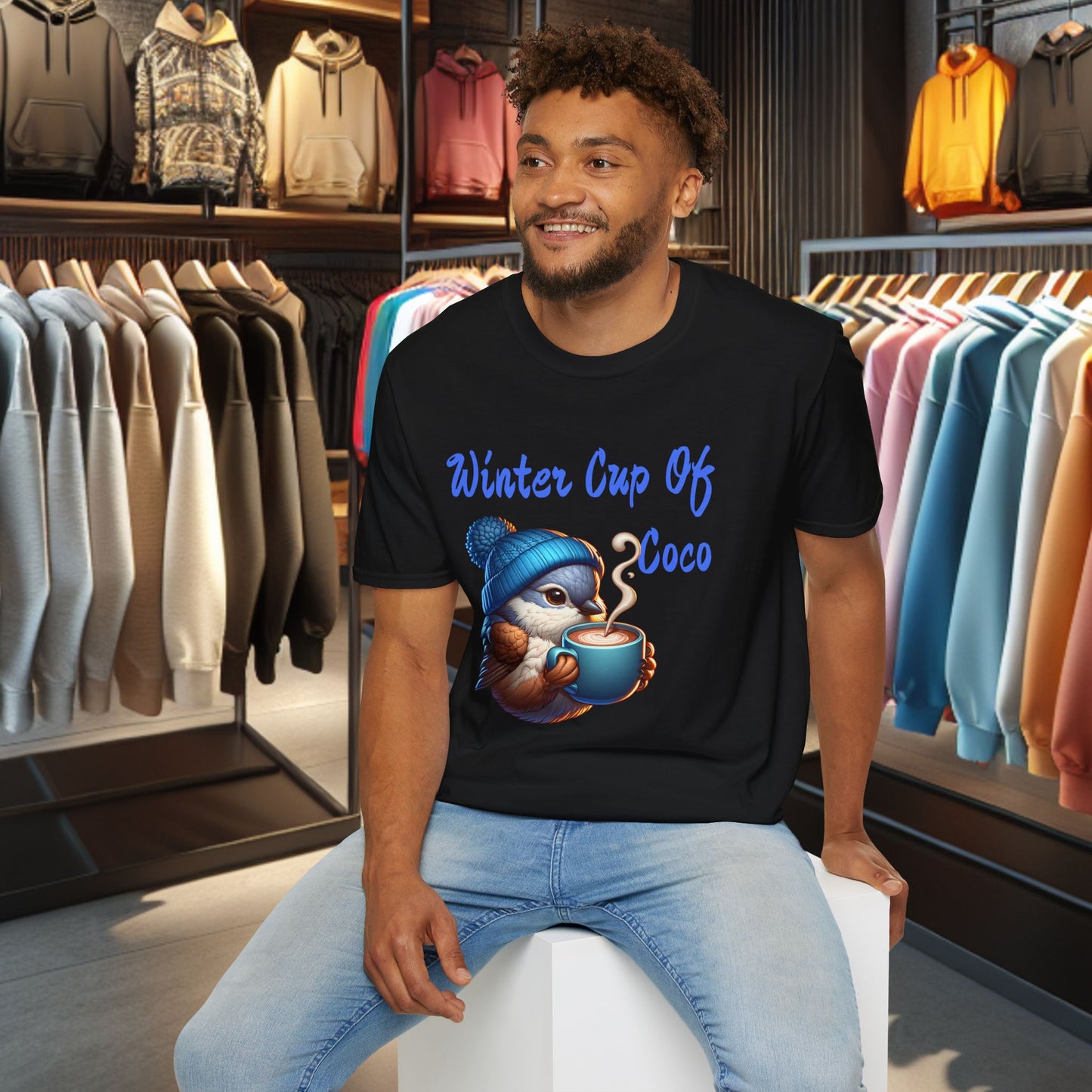 Blue Bird With a Cup Of Coco Unisex T-Shirt - Winter Coco