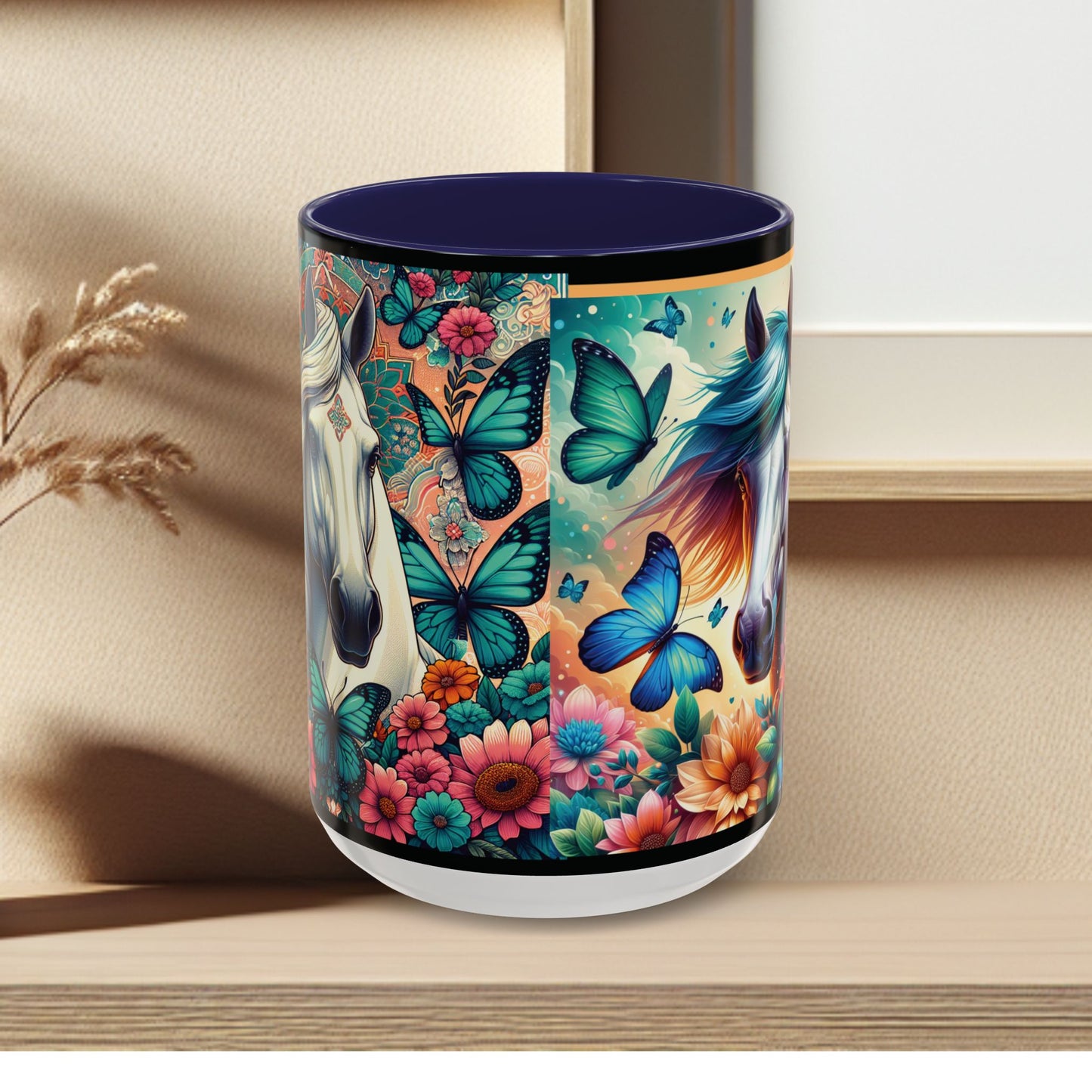 Coffee Mug Horses, Flowers, and Butterflies Mug