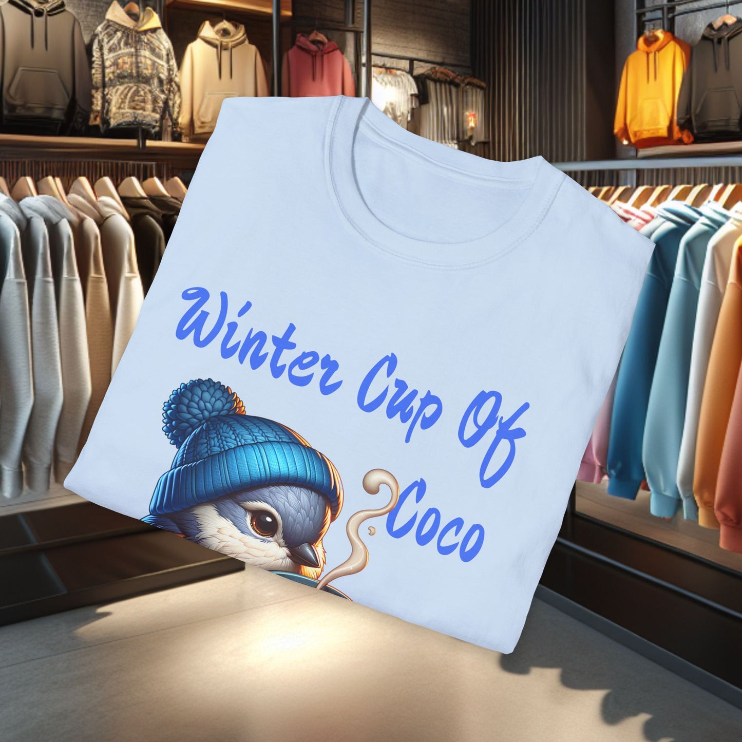 Blue Bird With a Cup Of Coco Unisex T-Shirt - Winter Coco