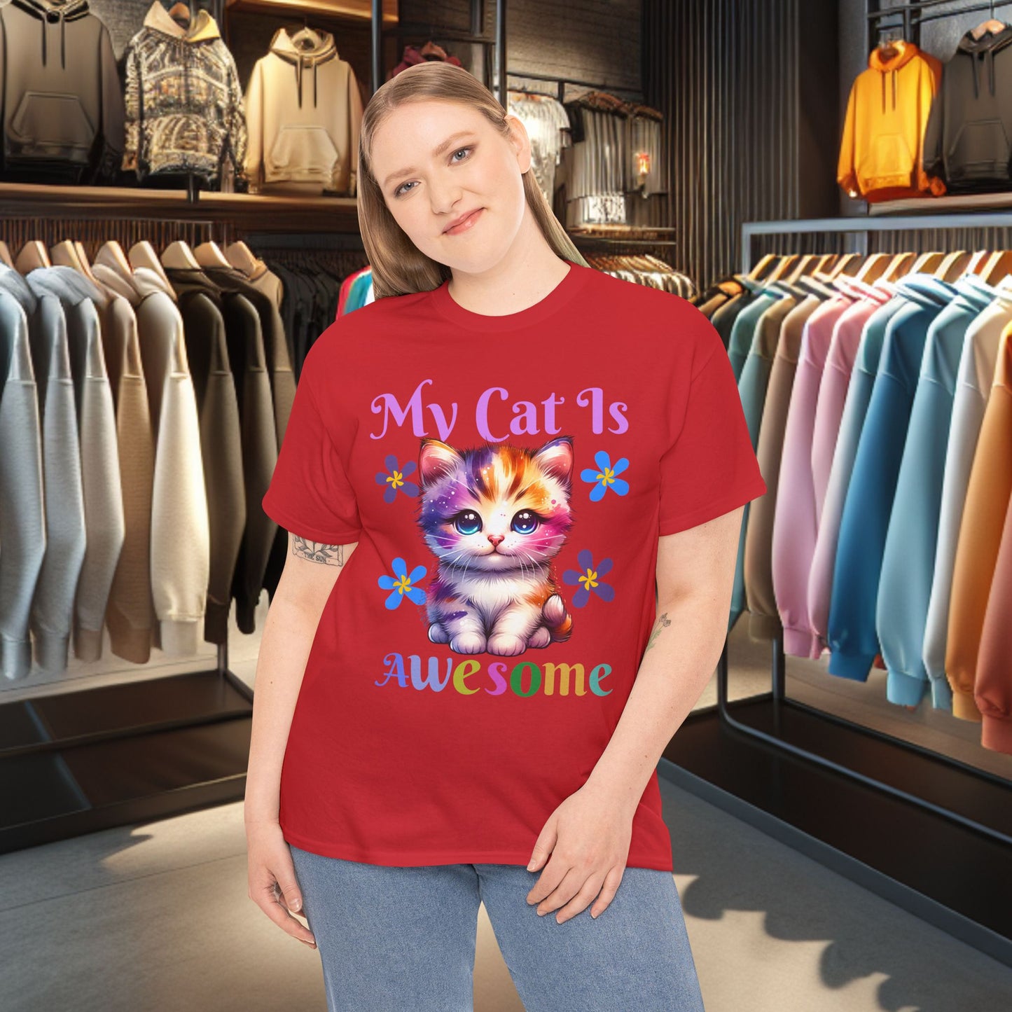 Awesome Cat Heavy Cotton Tee | Cat Lover Gift | Colorful Fun Shirt | Cute Animal Apparel | Perfect for Birthdays & Pet Lovers