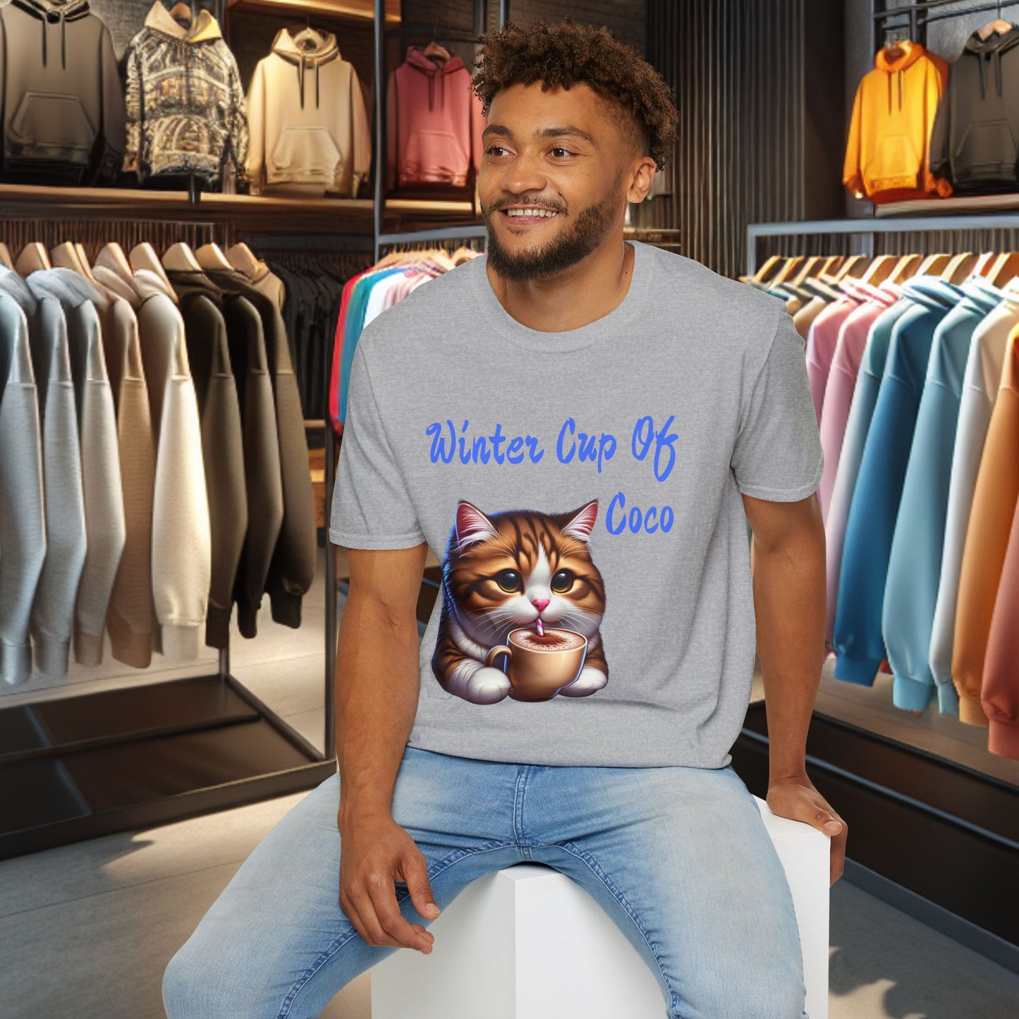 a Cat Sipping on a Cup Of Coco Unisex T-Shirt - Winter Coco