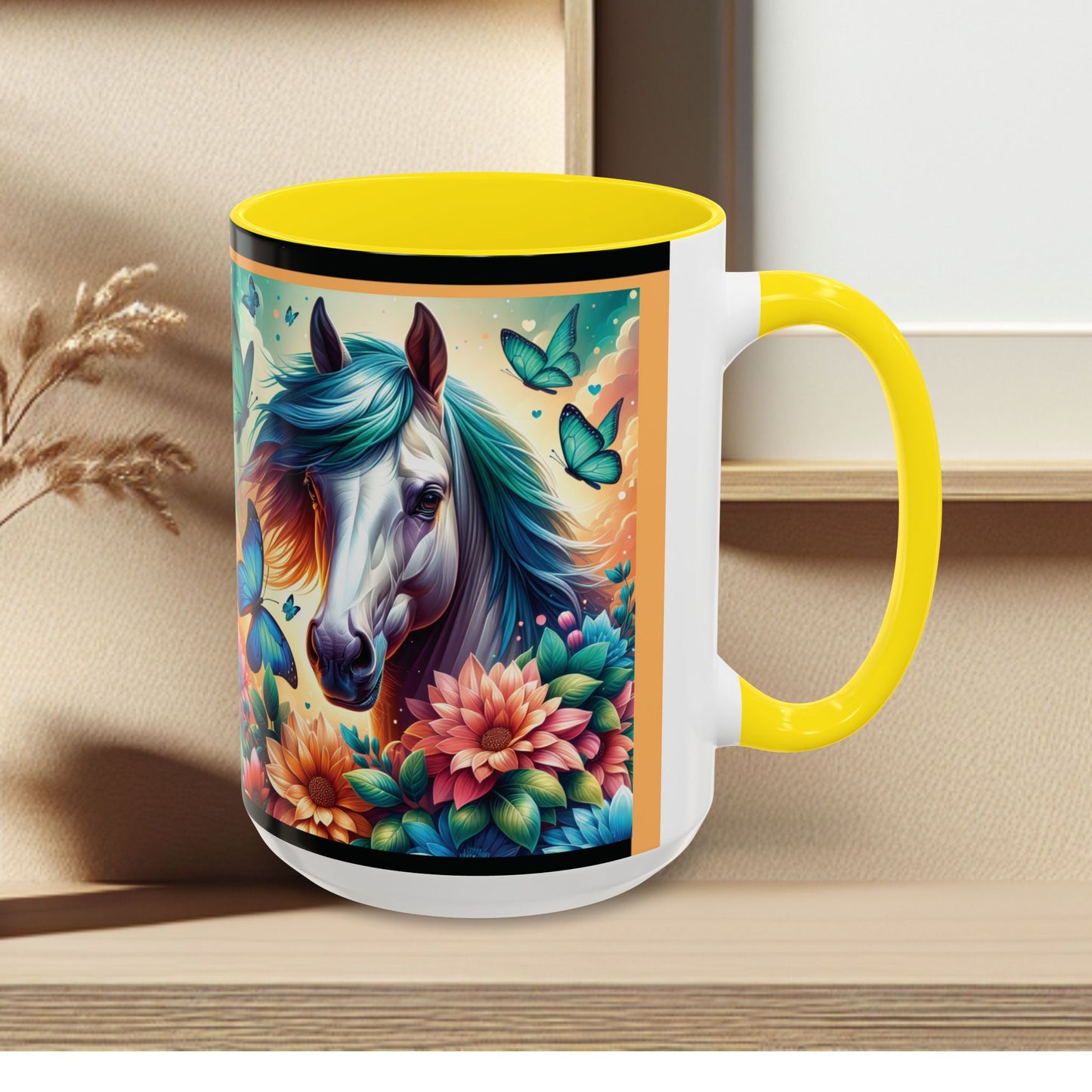 Coffee Mug Horses, Flowers, and Butterflies Mug