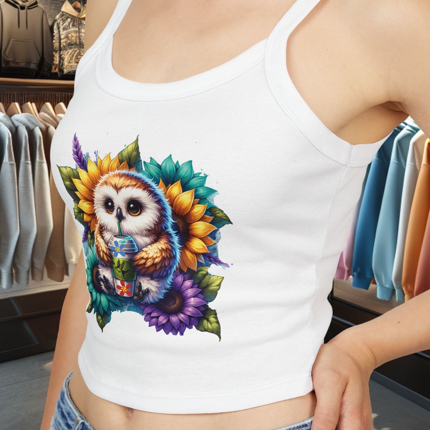 Owl With a Water Bottle Floral Tank Top - Women's Spaghetti Strap