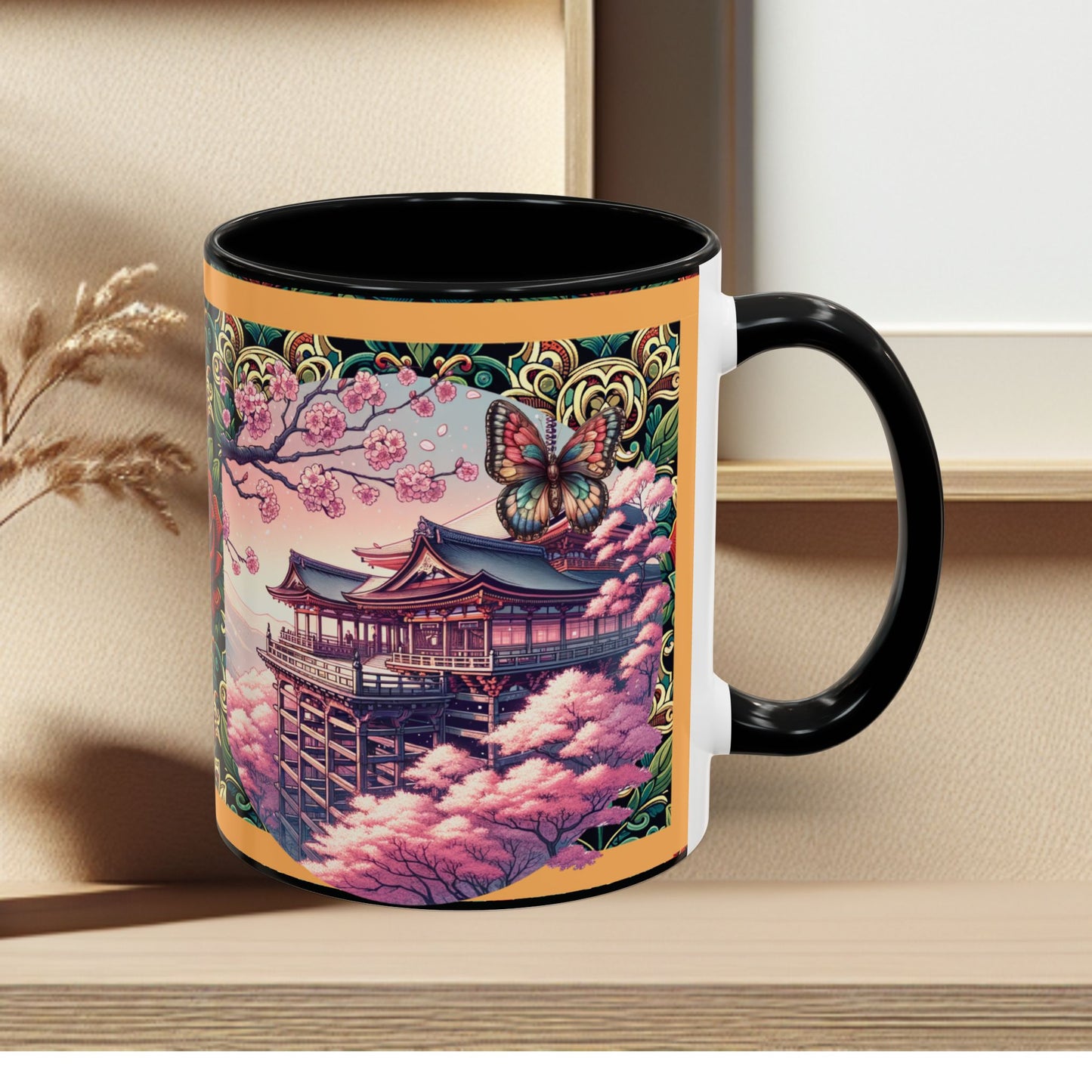 Mug - Sakura Butterfly Coffee Mug with Cherry Blossoms and a Rose