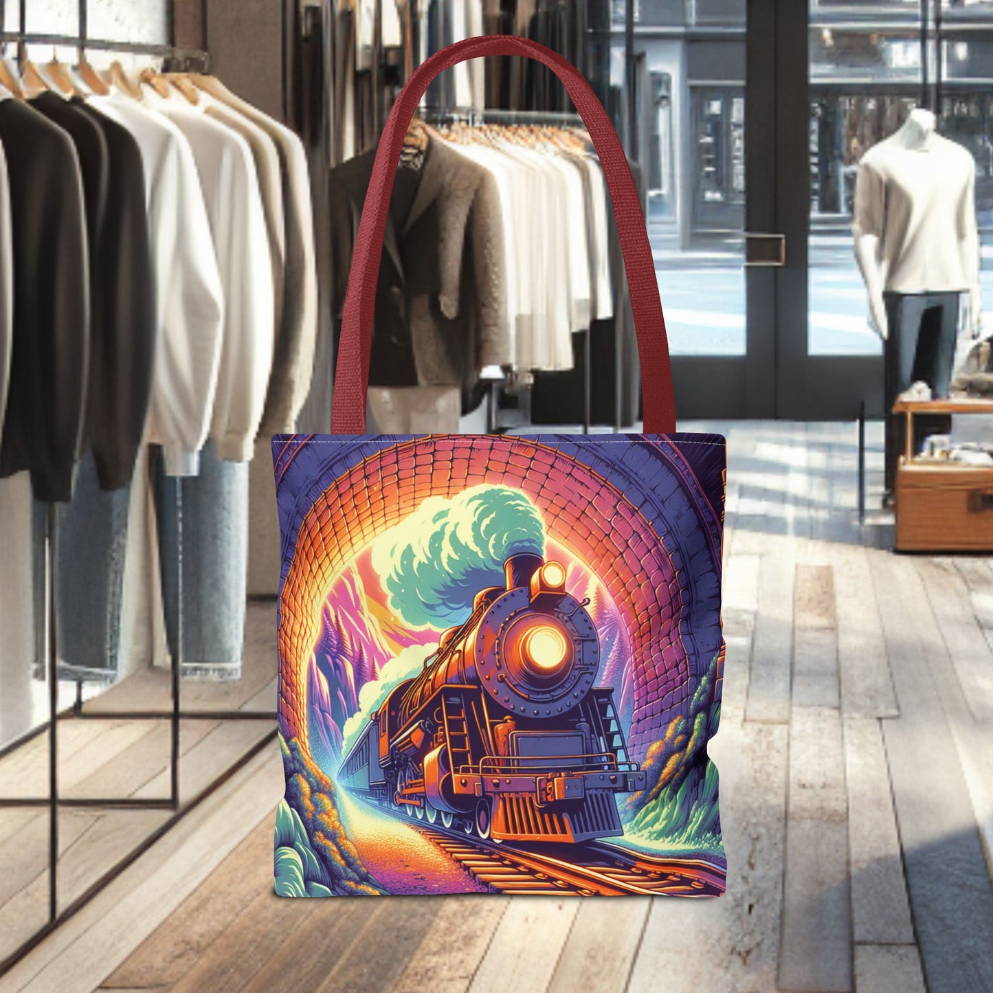 Steam Locomotive Tote Bag (AOP)- Vintage Train Tunnel Design