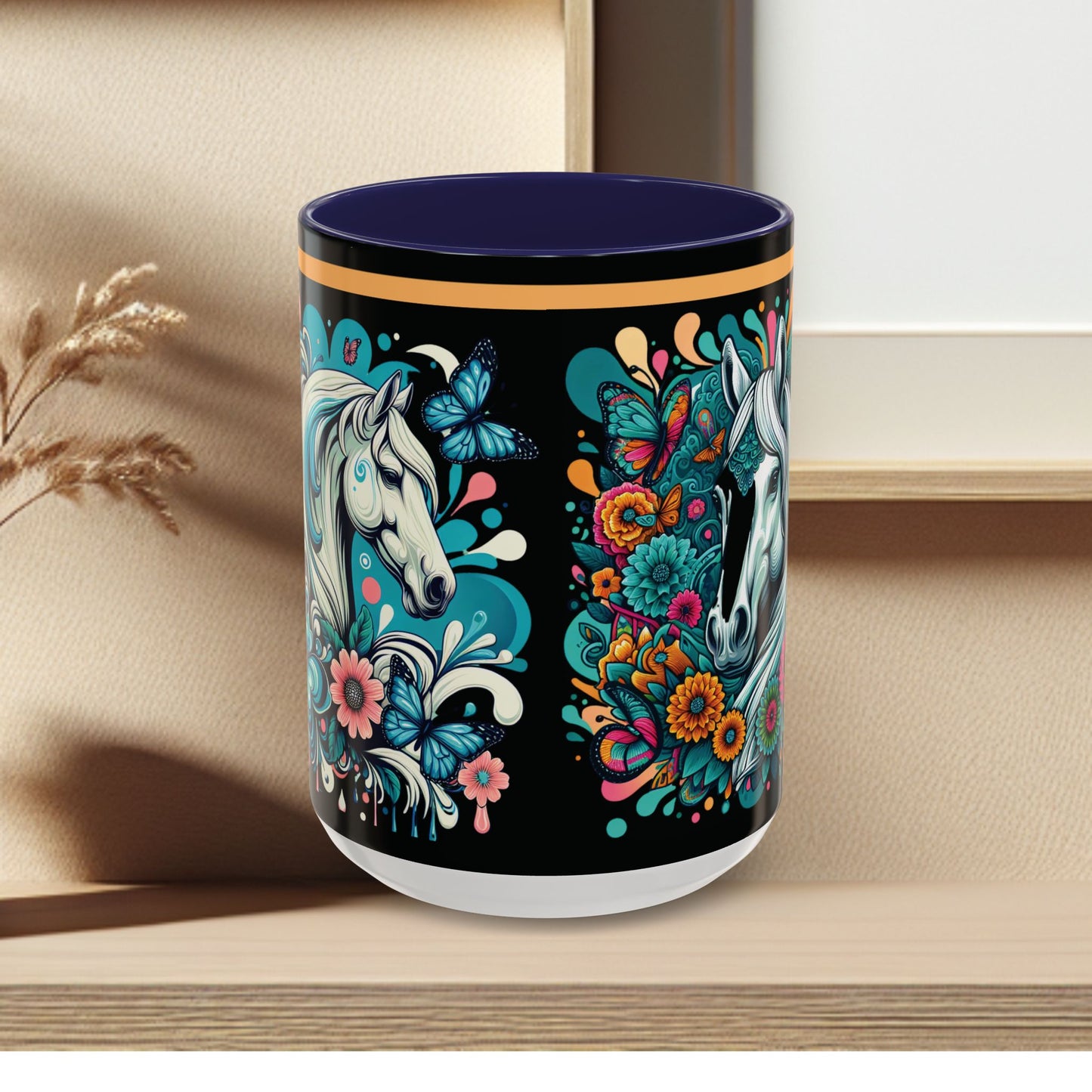 Coffee Mug White Horses with Blue Highlights in Flowers - Mug