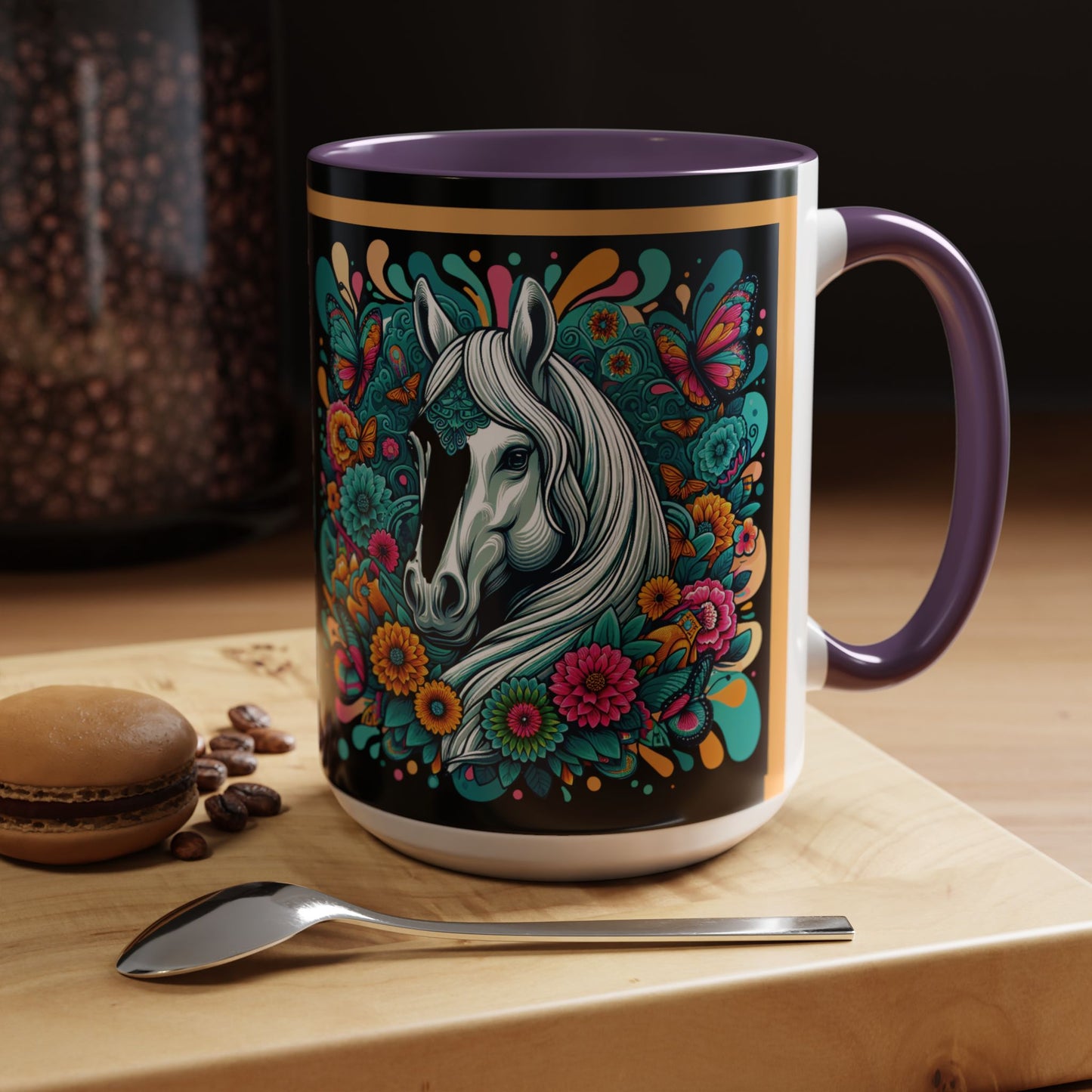 Coffee Mug White Horses with Blue Highlights in Flowers - Mug