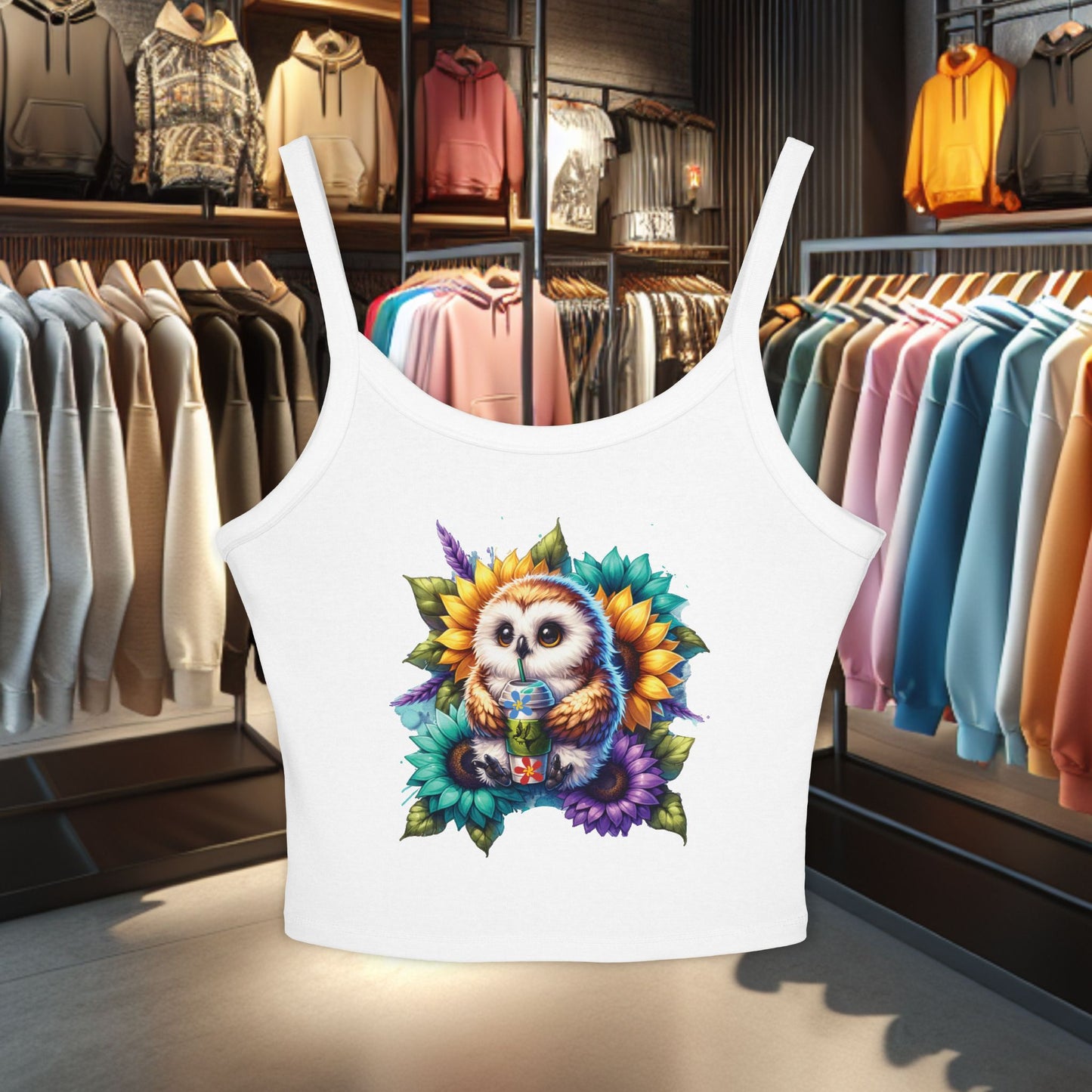 Owl With a Water Bottle Floral Tank Top - Women's Spaghetti Strap