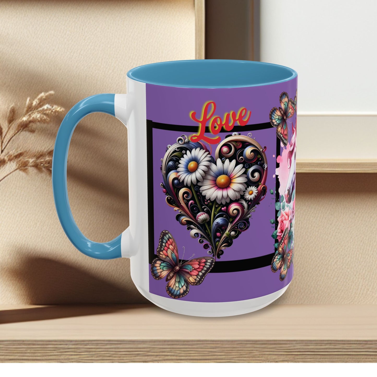 Love Coffee Mug - Vibrant Heart & Horse- Design, 11oz & 15oz