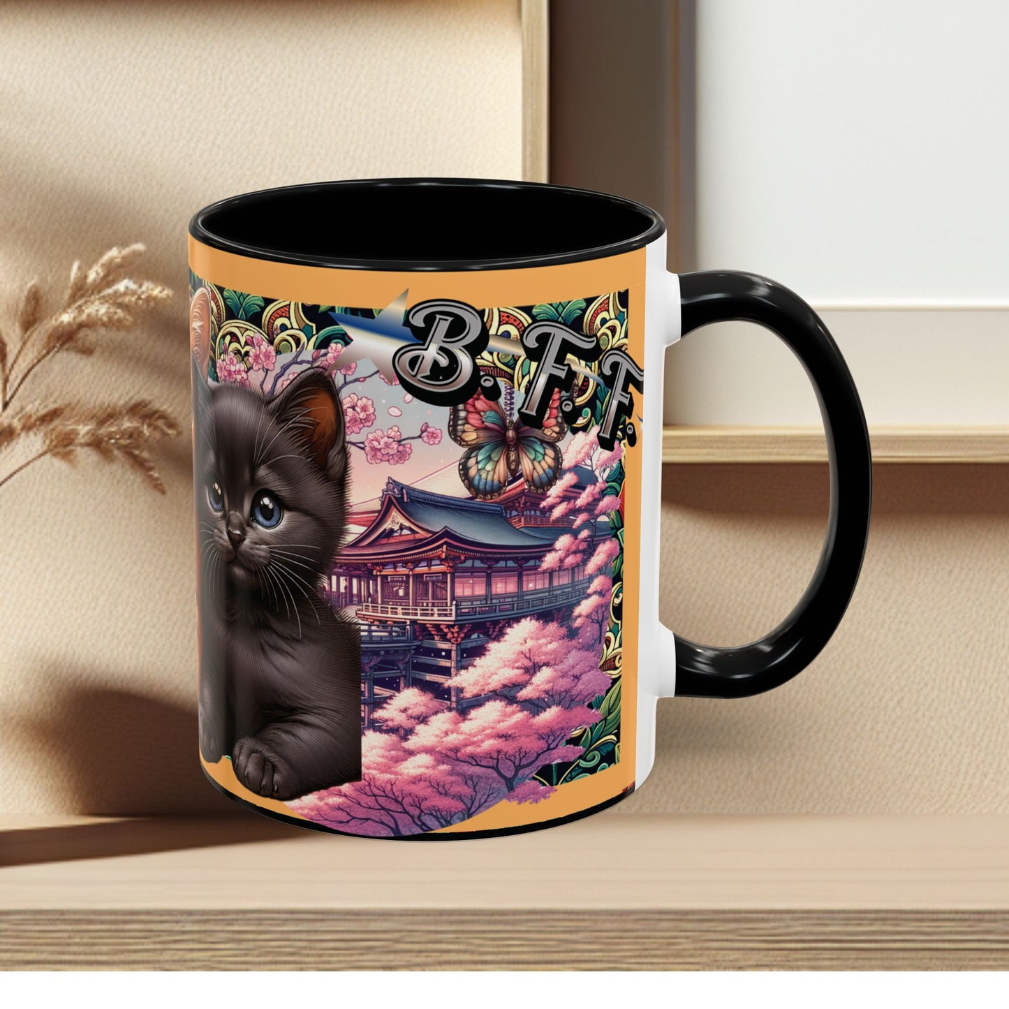 Mug - 3 B F F kittens and Butterflies Coffee Mug with Cherry Blossoms