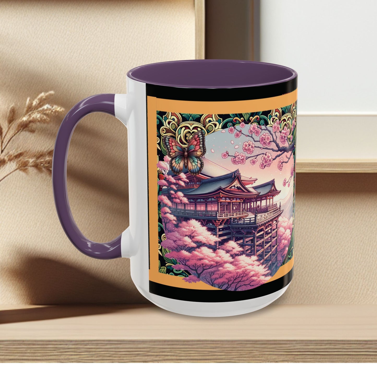 Mug - Sakura Butterfly Coffee Mug with Cherry Blossoms and a Rose