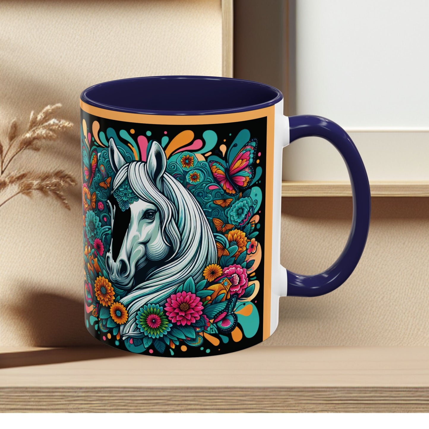 Coffee Mug White Horses with Blue Highlights in Flowers - Mug