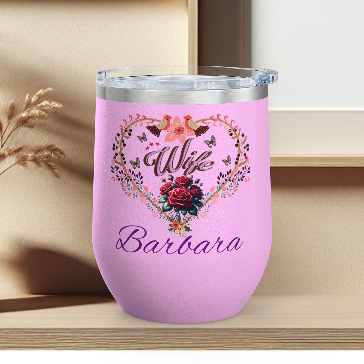 Personalized Wife’s Wine Tumbler - 12oz Floral Heart Design
