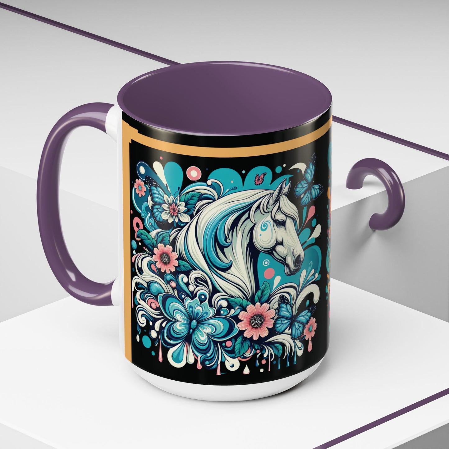 Coffee Mug White Horses with Blue Highlights in Flowers - Mug