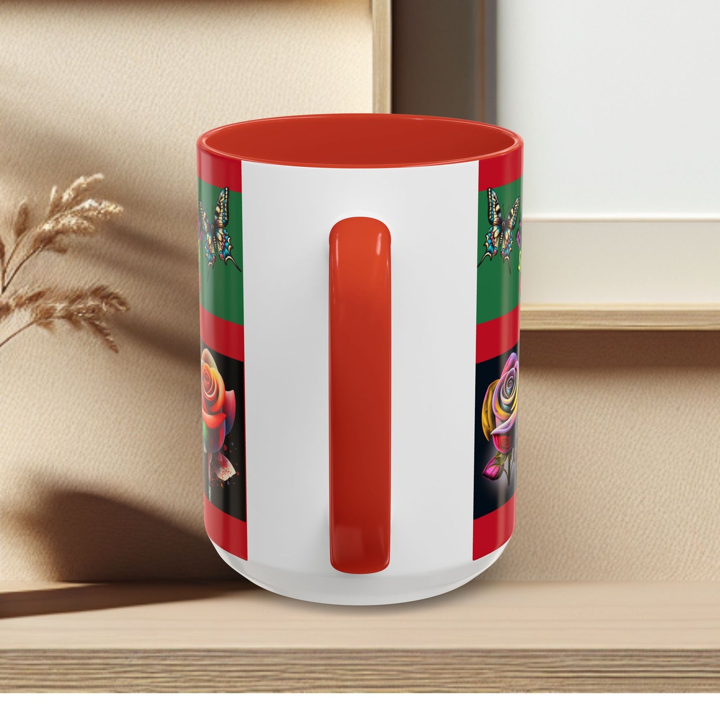 Red Mug - Floral Butterfly Accent Coffee Mug - 'By Any Other Name A Rose Smells So Sweet'