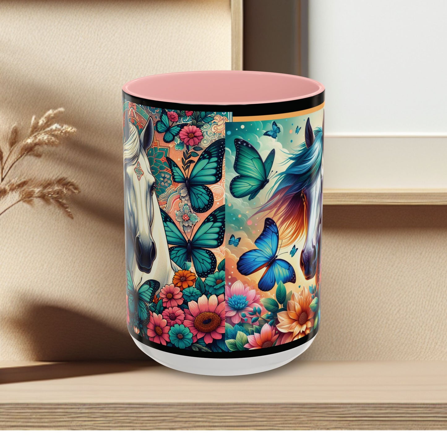 Coffee Mug Horses, Flowers, and Butterflies Mug