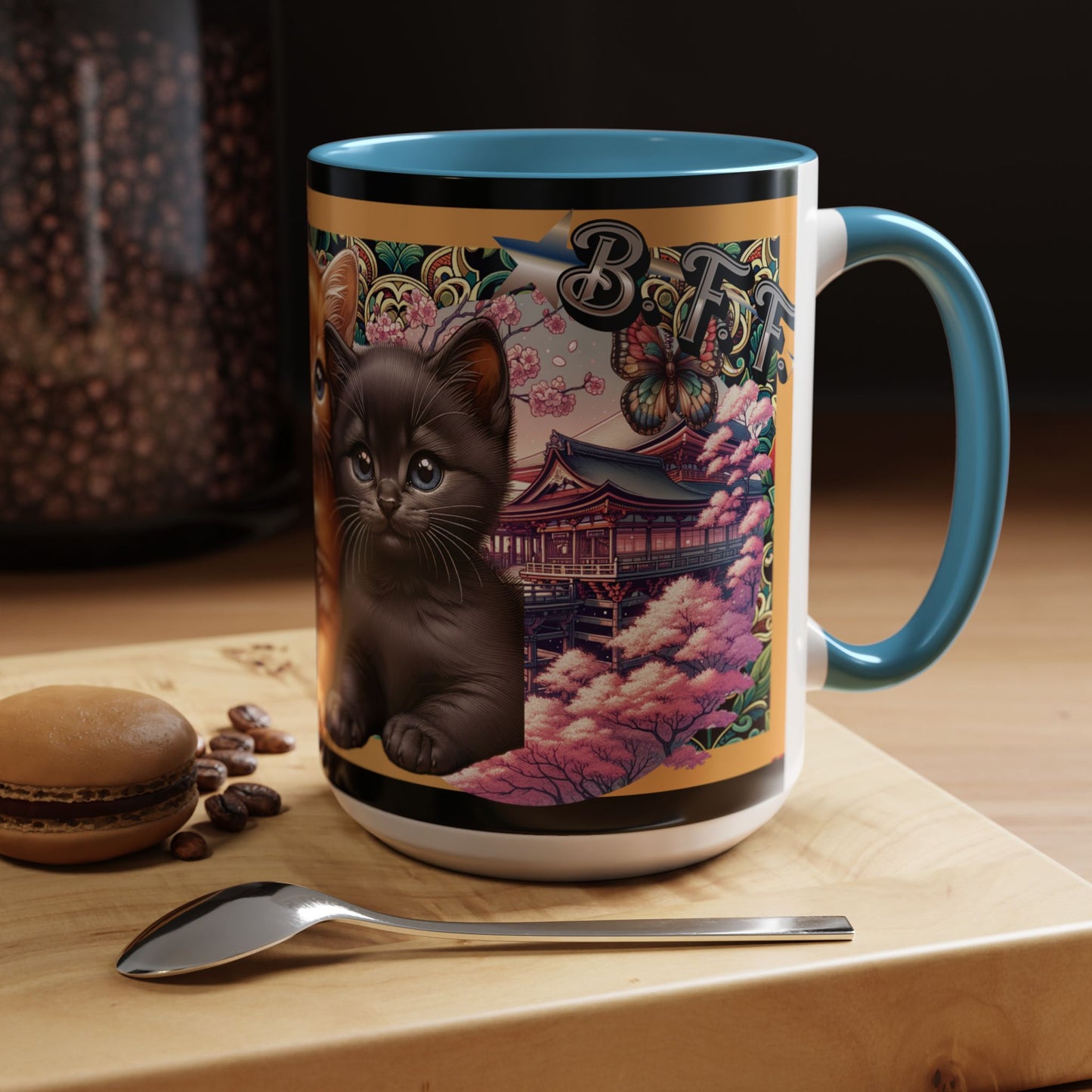 Mug - 3 B F F kittens and Butterflies Coffee Mug with Cherry Blossoms