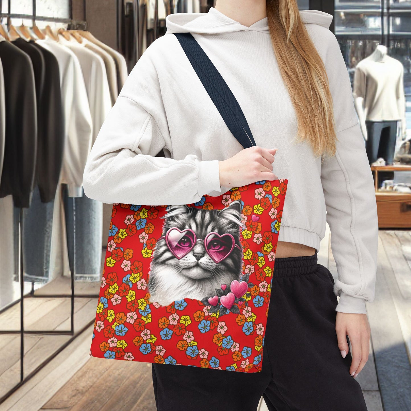 Kitty Ride Tote Bag with Flowered Red Design