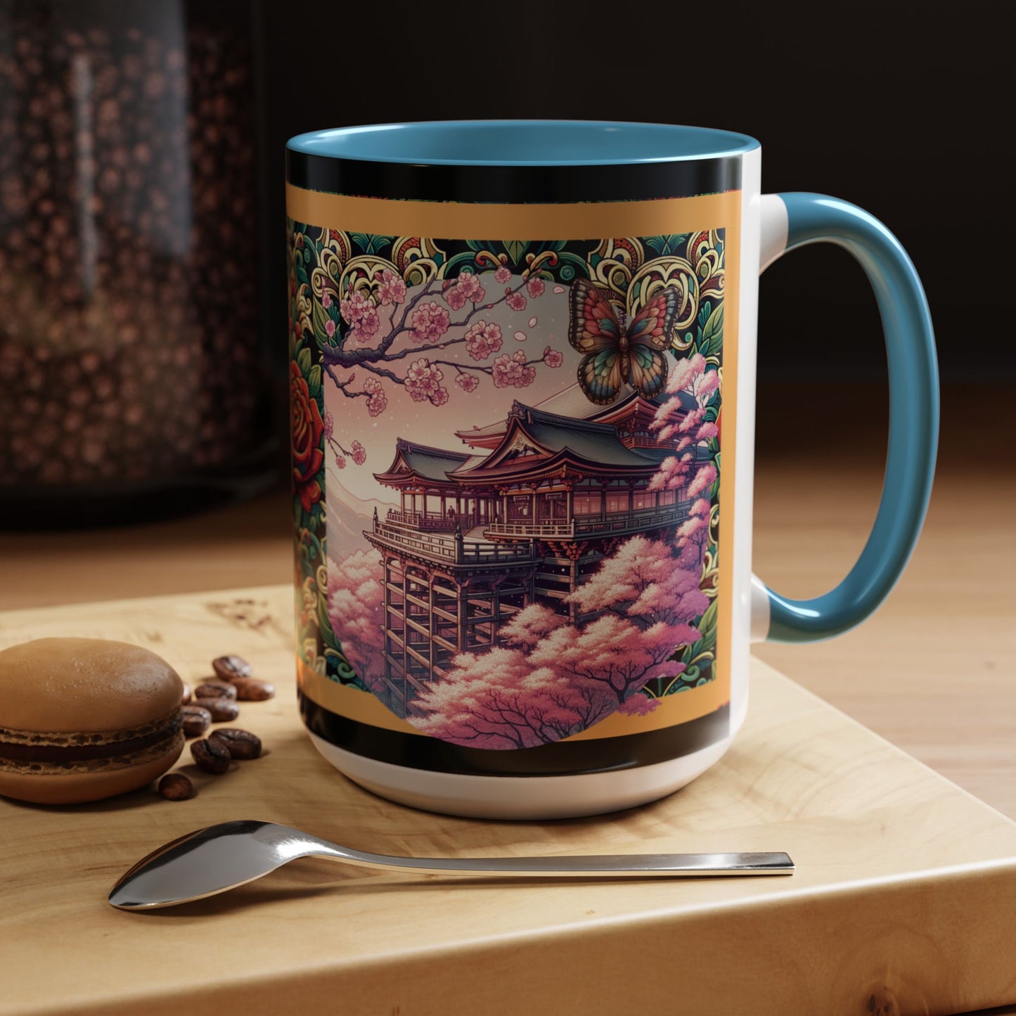 Mug - Sakura Butterfly Coffee Mug with Cherry Blossoms and a Rose