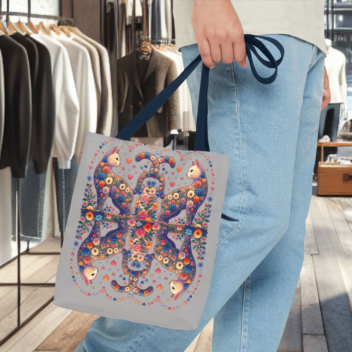 Mosaic Loving Cat Light Gray Tote Bag (AOP)