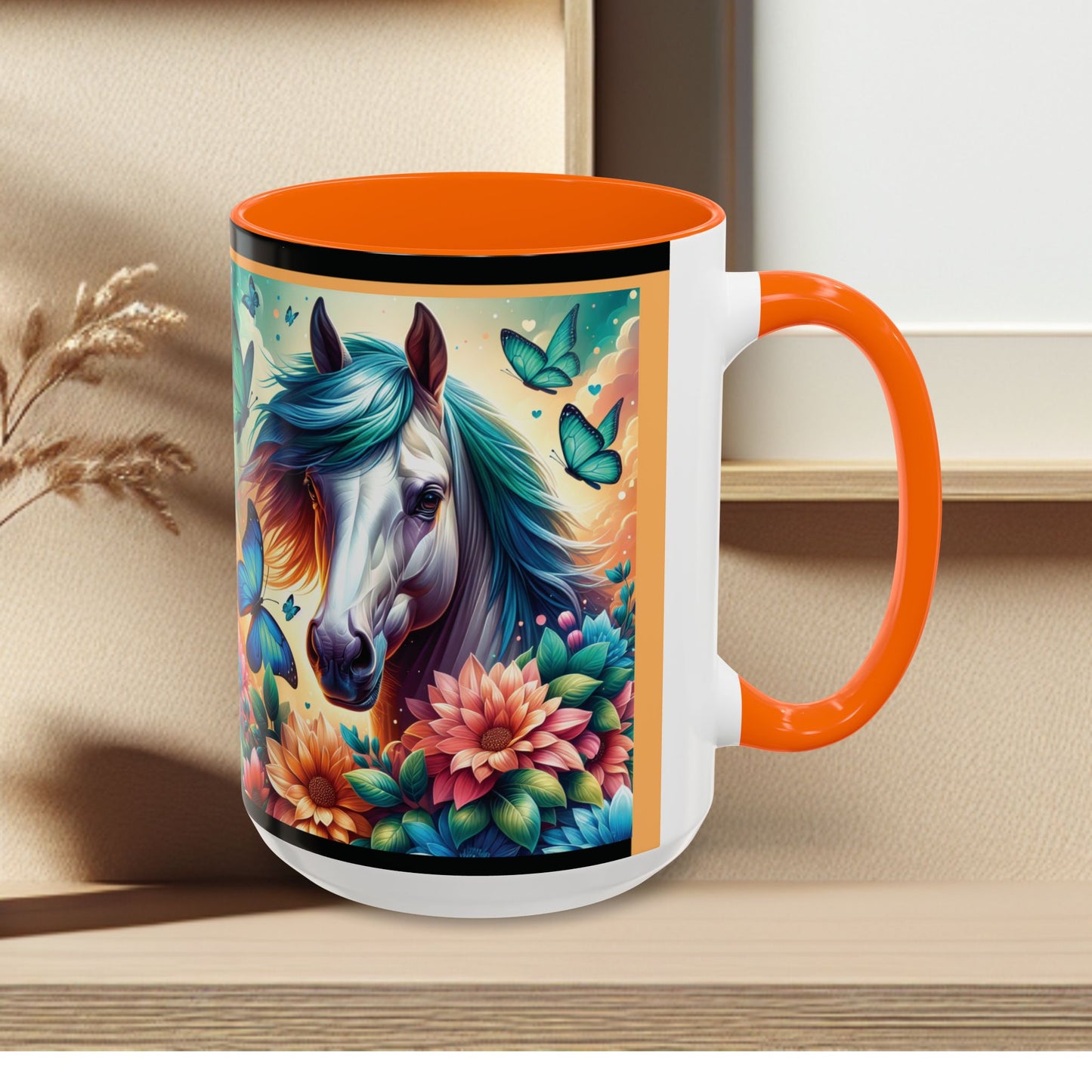 Coffee Mug Horses, Flowers, and Butterflies Mug