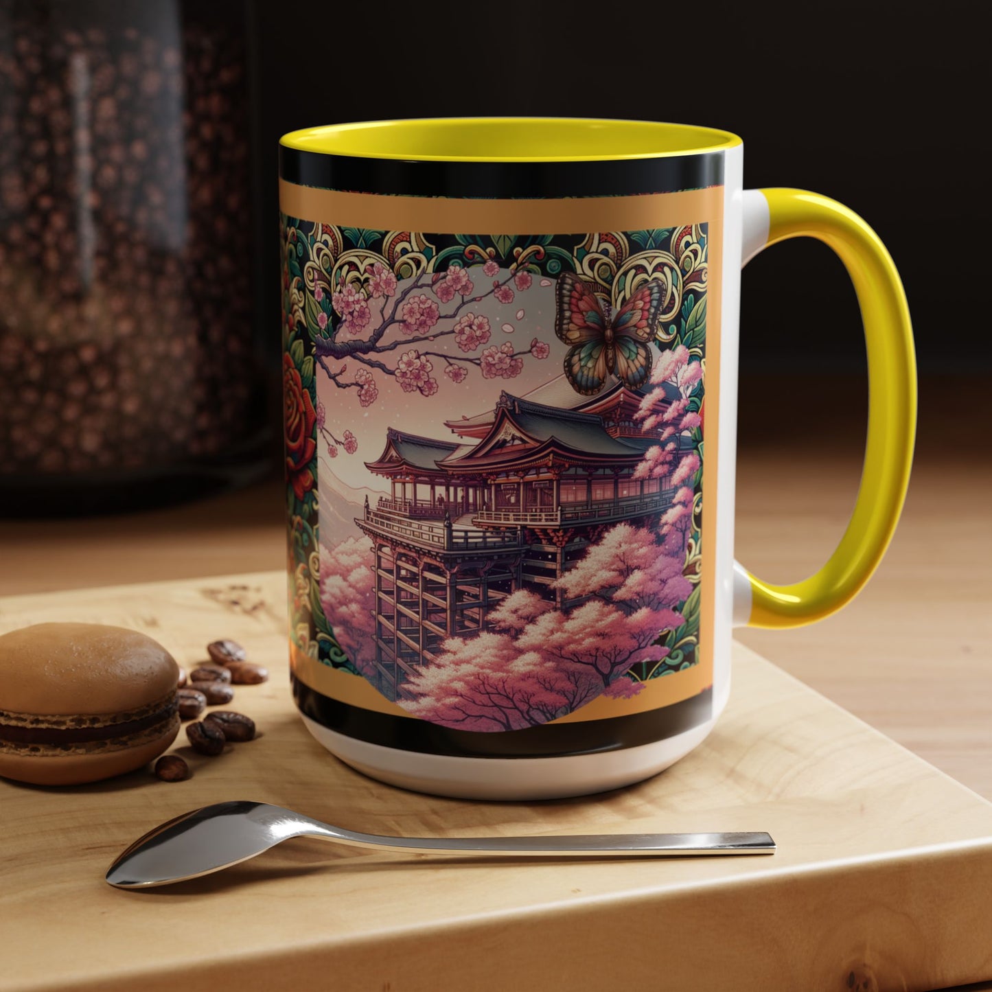 Mug - Sakura Butterfly Coffee Mug with Cherry Blossoms and a Rose