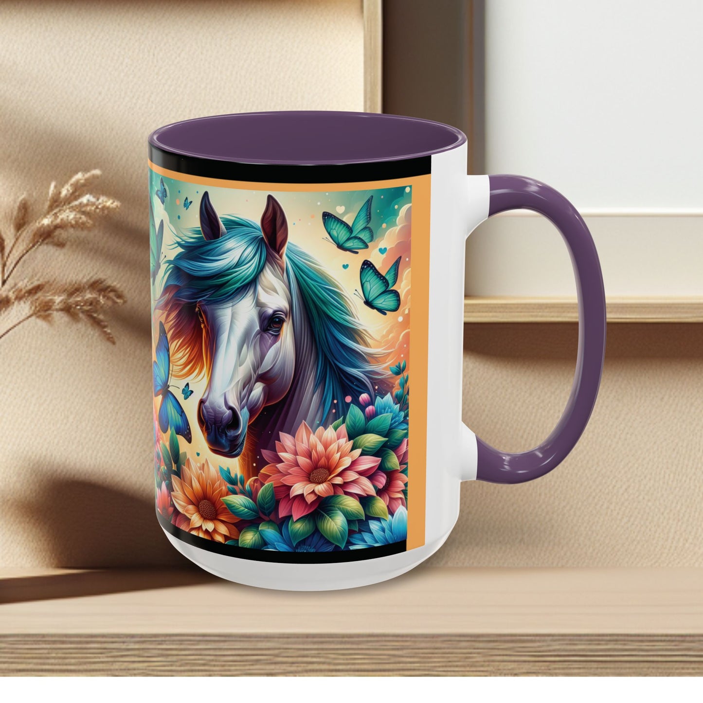 Coffee Mug Horses, Flowers, and Butterflies Mug