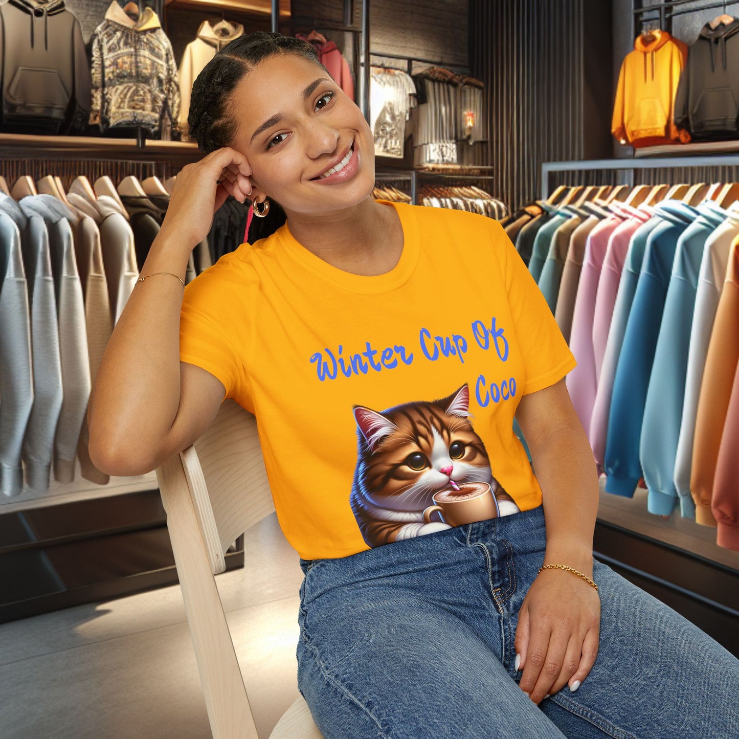 a Cat Sipping on a Cup Of Coco Unisex T-Shirt - Winter Coco