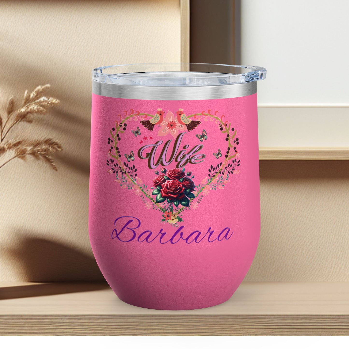 Personalized Wife’s Wine Tumbler - 12oz Floral Heart Design
