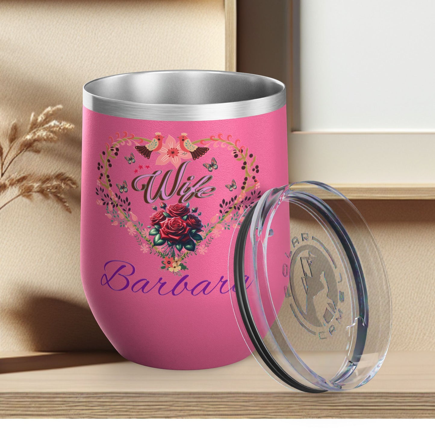 Personalized Wife’s Wine Tumbler - 12oz Floral Heart Design