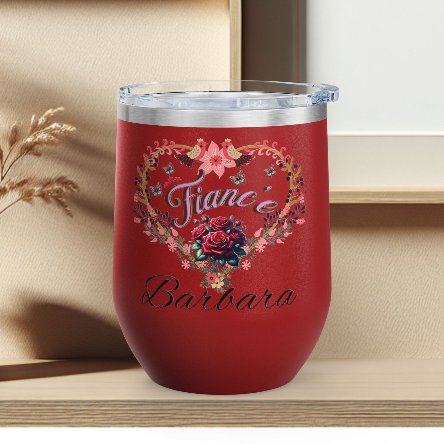 Personalized Fiancé’s Wine Tumbler - 12oz Floral Heart Design