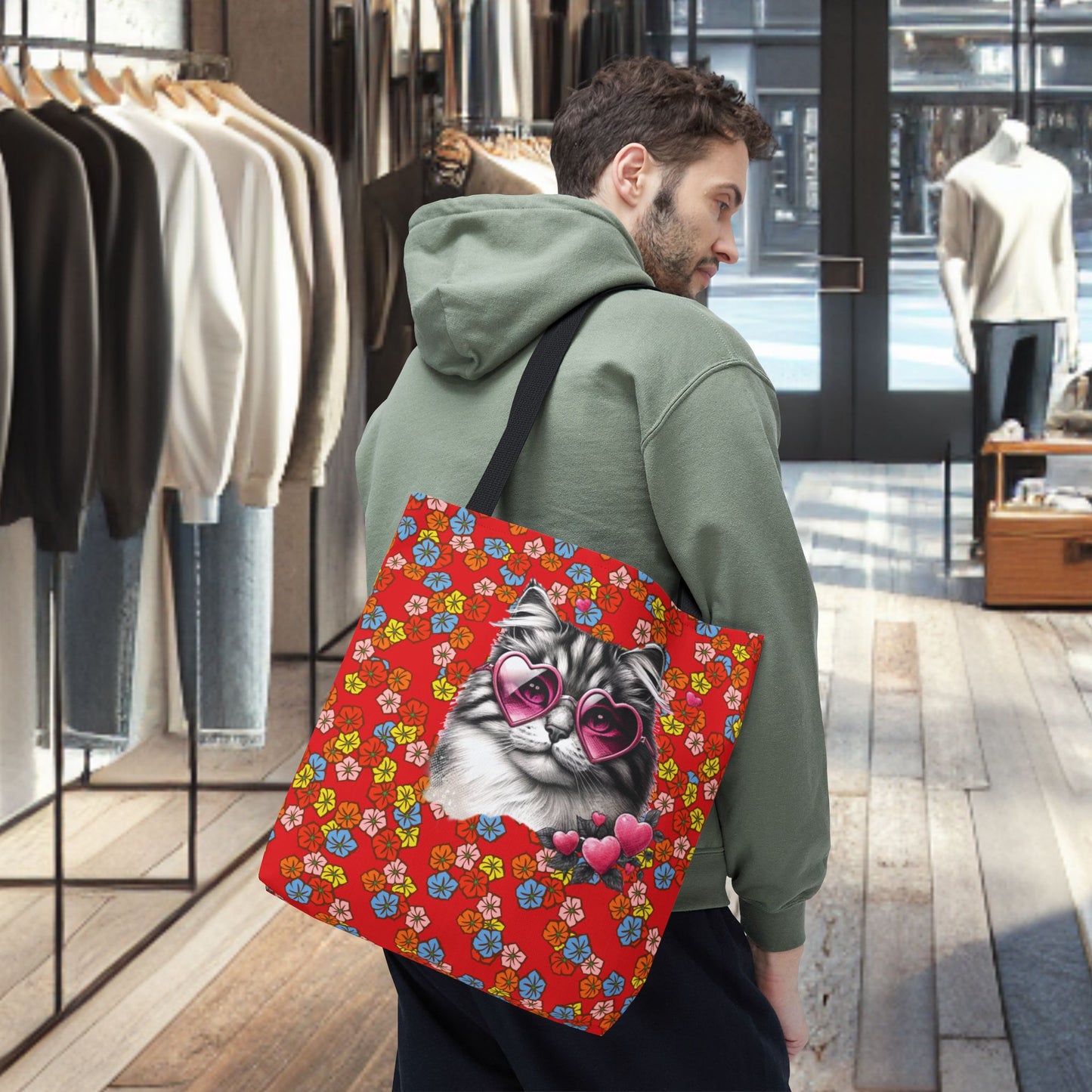 Kitty Ride Tote Bag with Flowered Red Design