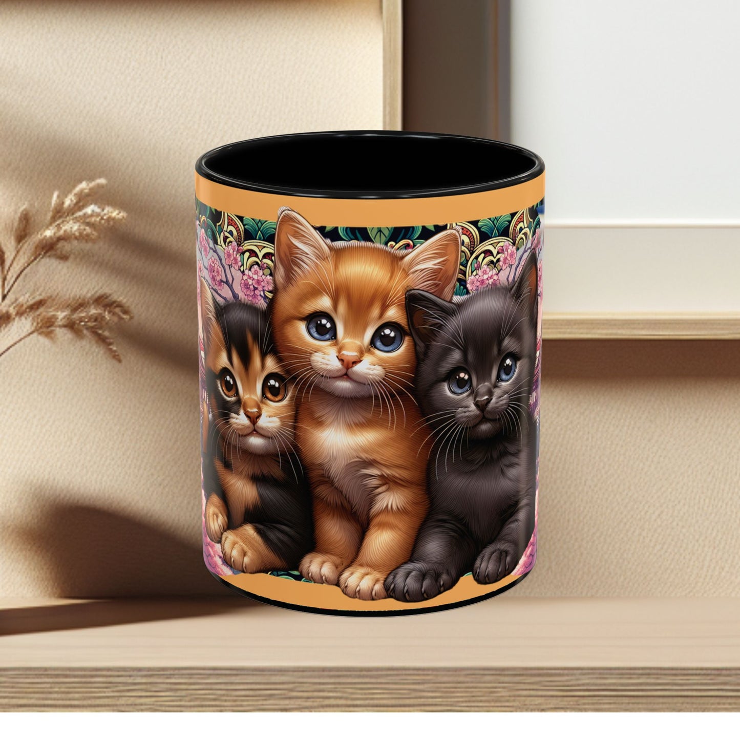 Mug - 3 B F F kittens and Butterflies Coffee Mug with Cherry Blossoms