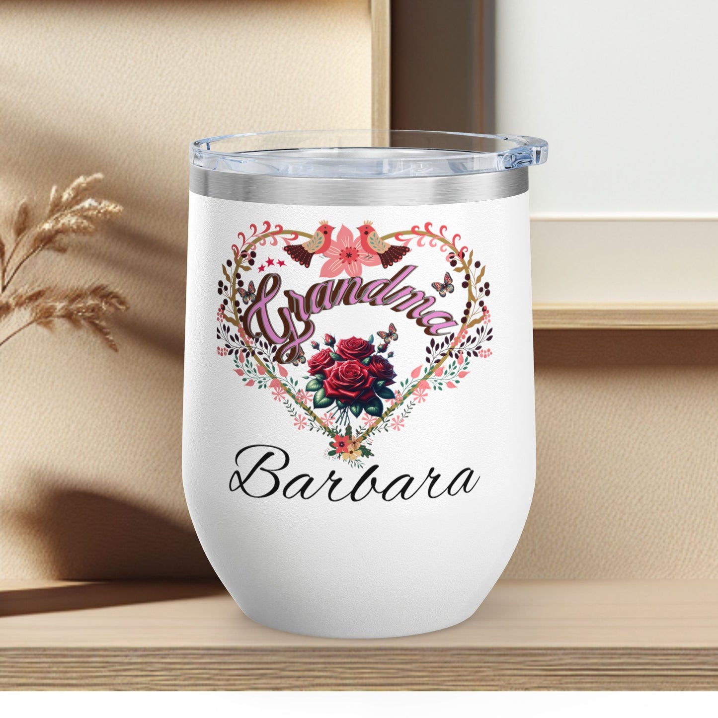 Personalized Grandma’s Wine Tumbler - 12oz Floral Heart Design