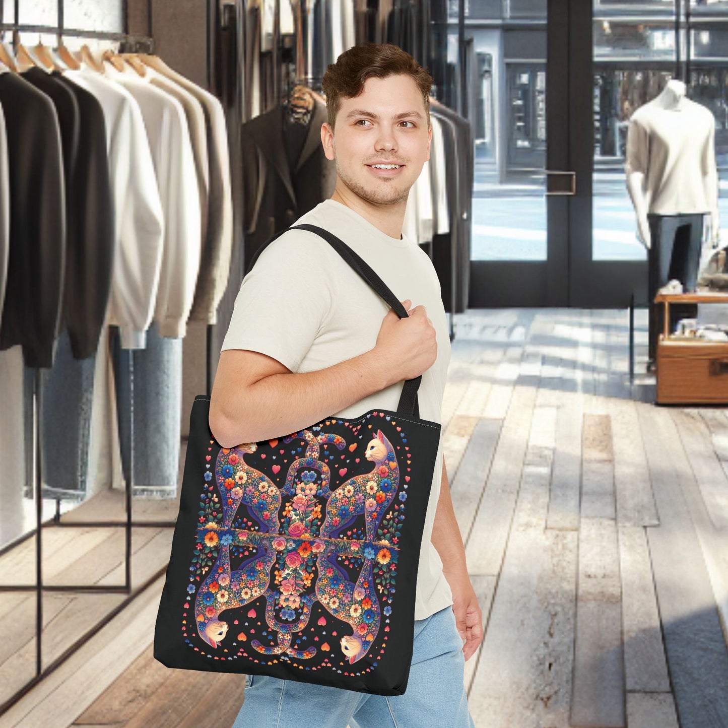 Mosaic Loving Cat Black Tote Bag (AOP)