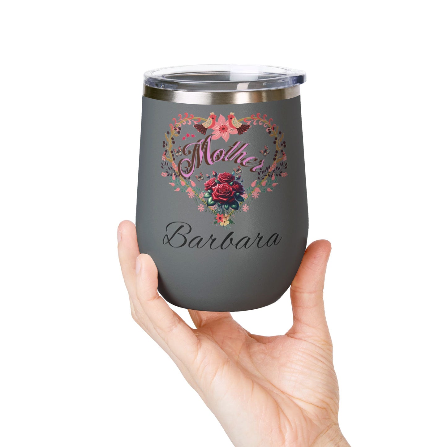 Personalized Mother’s Wine Tumbler - 12oz Floral Heart Design