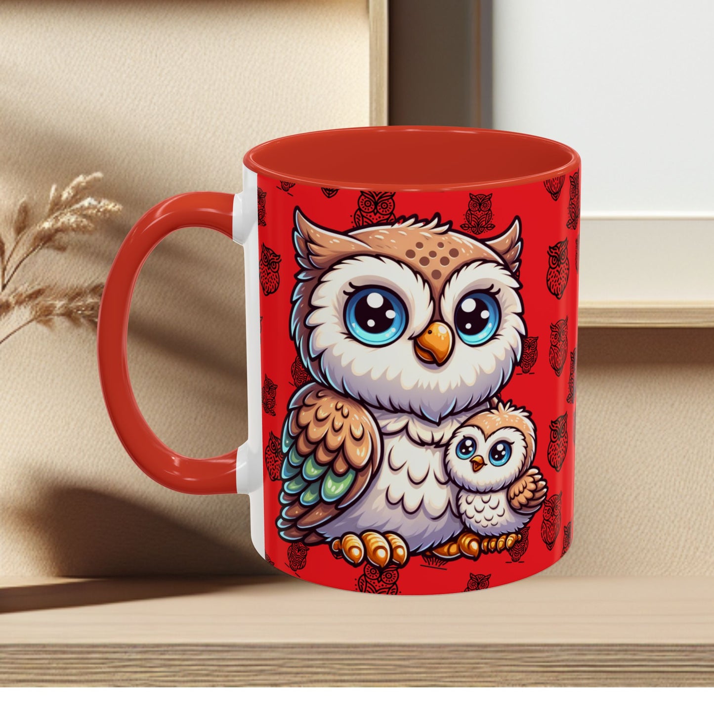 Red Coffee Mug - Owl Family - Colorful Inspirational Owl Design