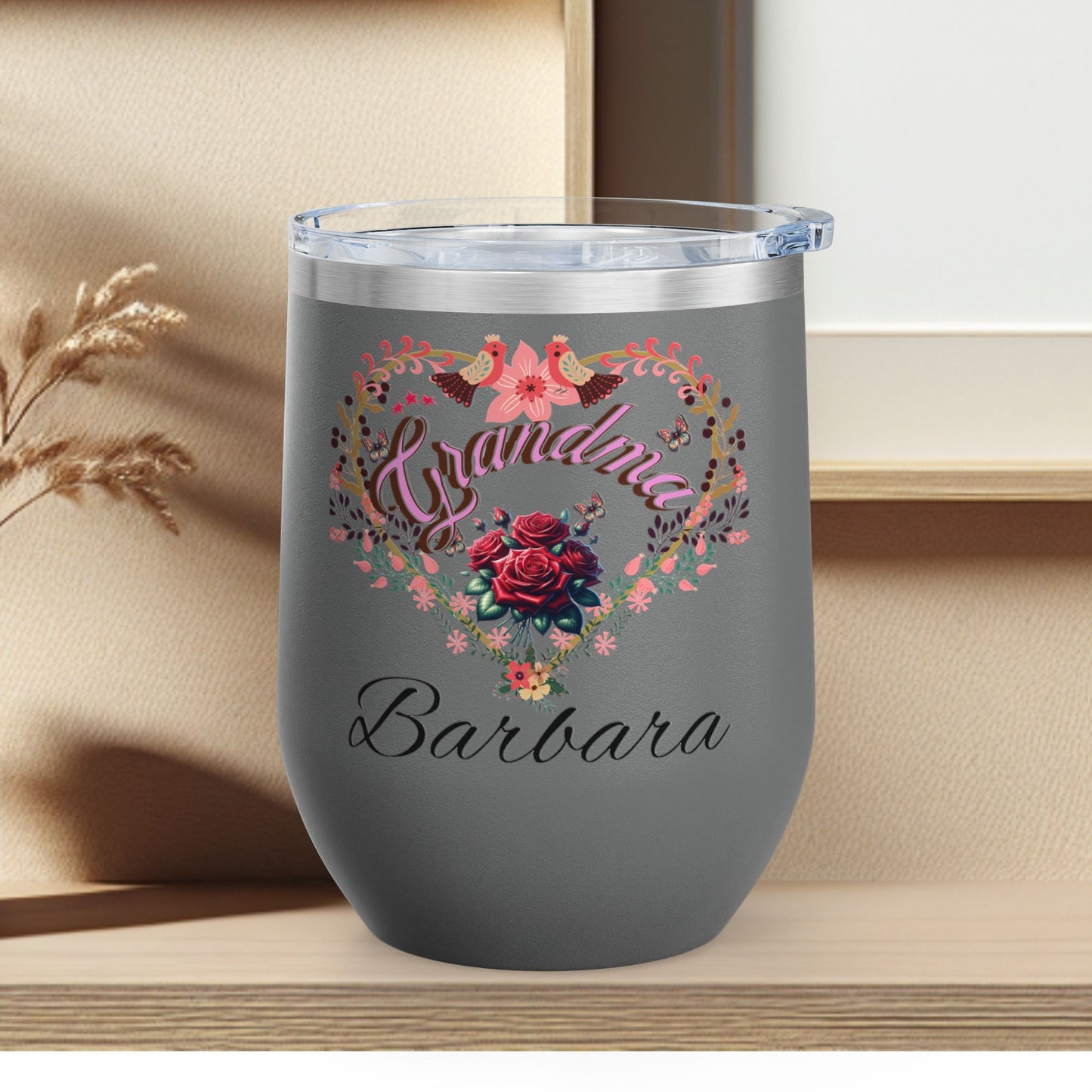 Personalized Grandma’s Wine Tumbler - 12oz Floral Heart Design