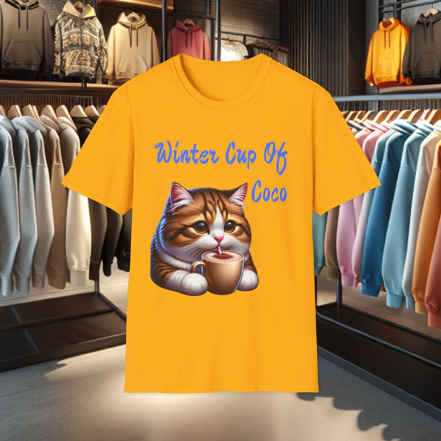 a Cat Sipping on a Cup Of Coco Unisex T-Shirt - Winter Coco