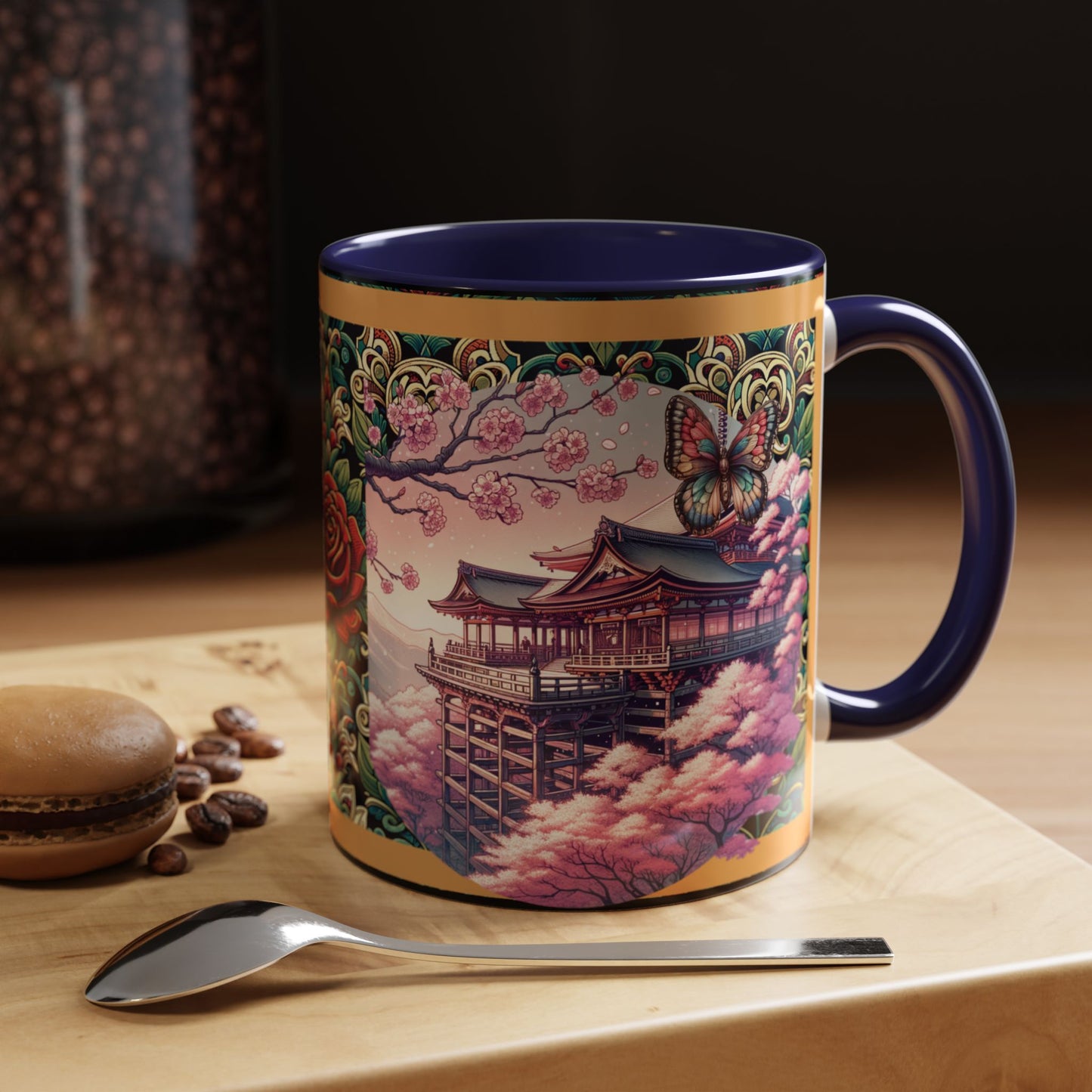 Mug - Sakura Butterfly Coffee Mug with Cherry Blossoms and a Rose