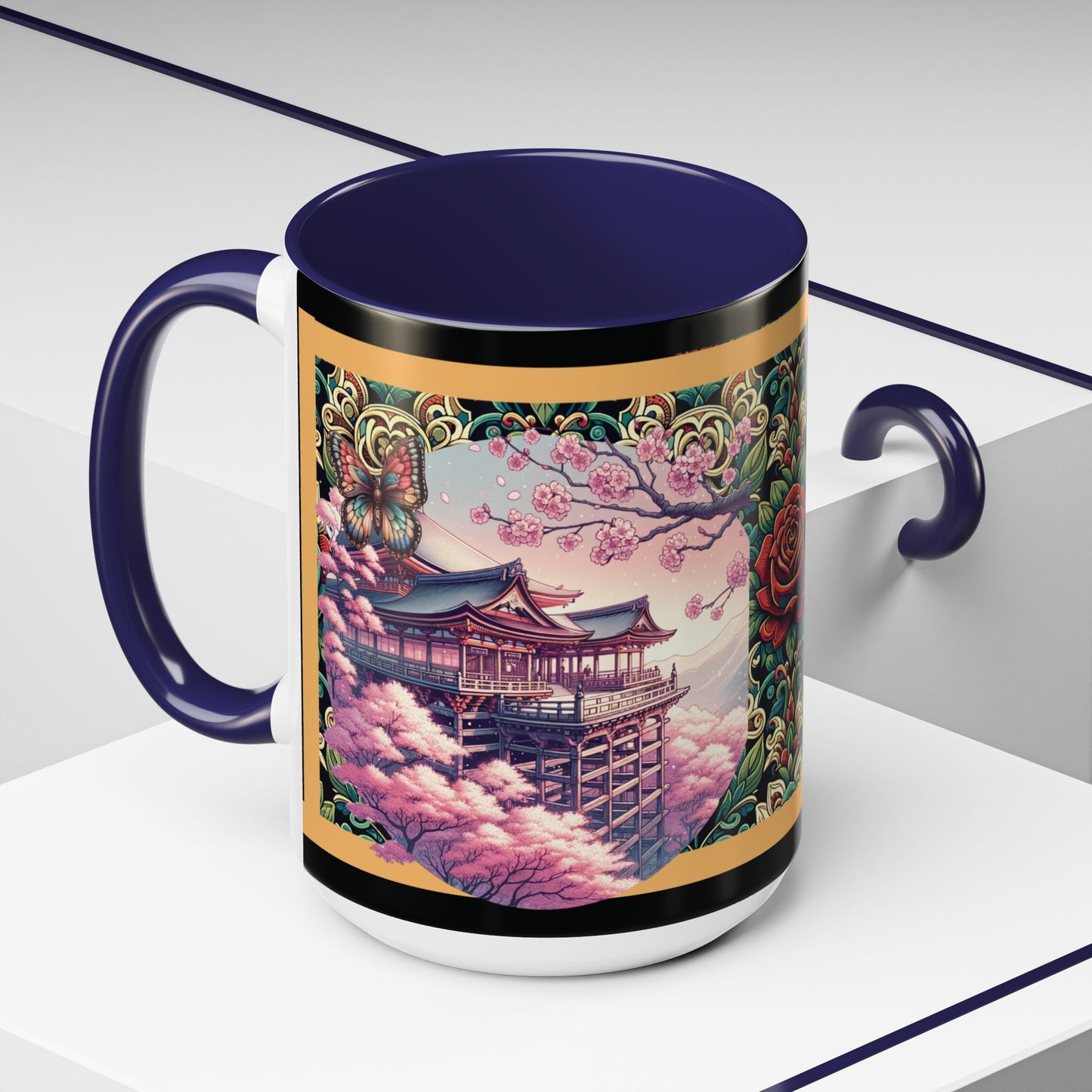Mug - Sakura Butterfly Coffee Mug with Cherry Blossoms and a Rose